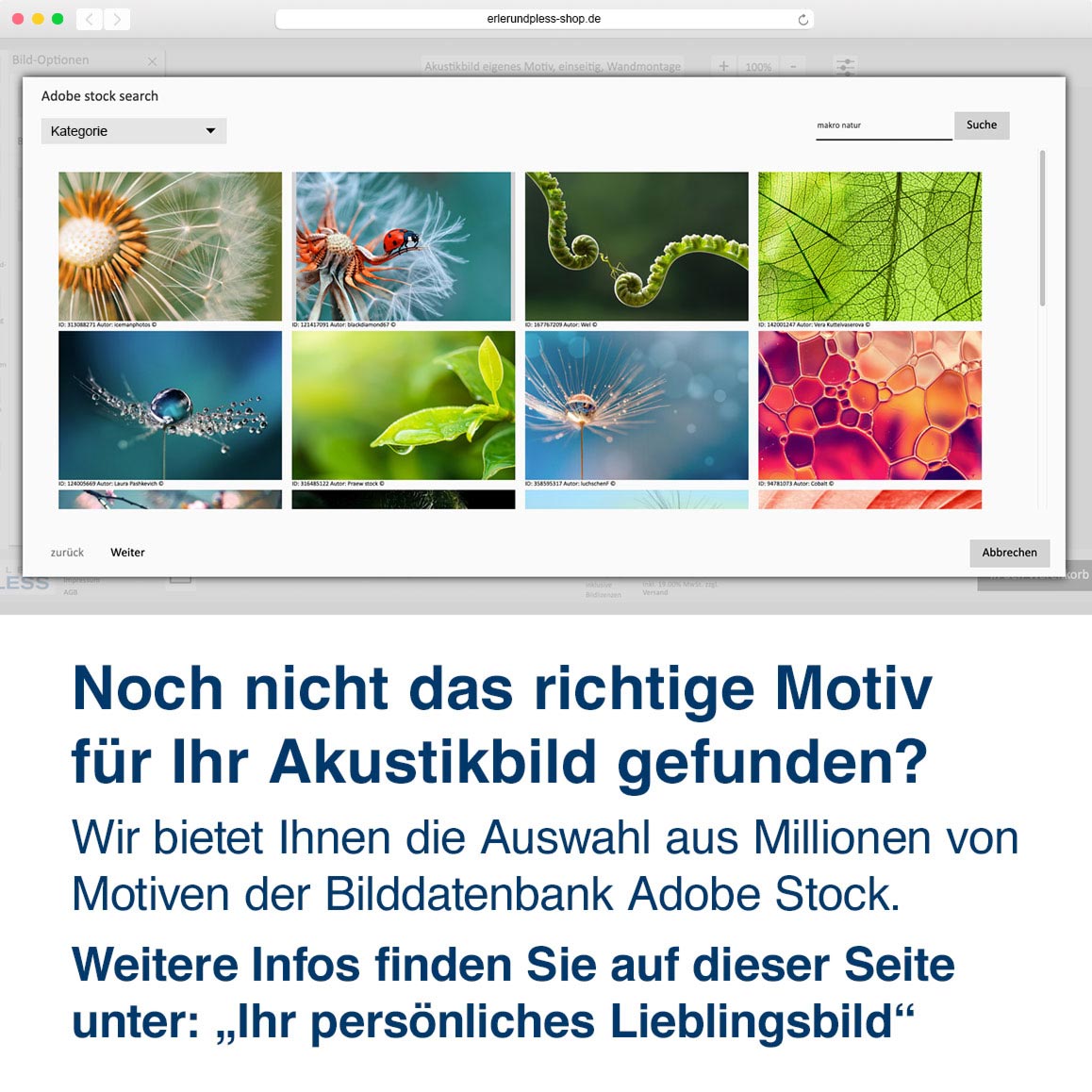 Noch nicht das richtige Motiv  für Ihr Akustikbild gefunden? Wir bietet Ihnen die Auswahl aus Millionen von Motiven der Bilddatenbank Adobe Stock. 