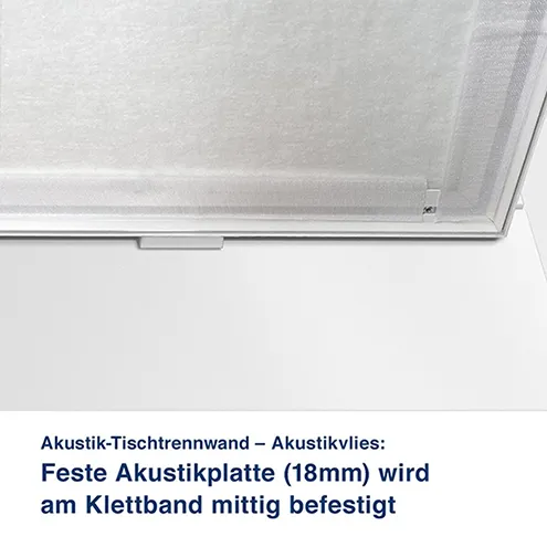 Akustik-Tischtrennwand – Akustikvlies:   Feste Akustikplatte (18mm) wird  am Klettband mittig befestigt 