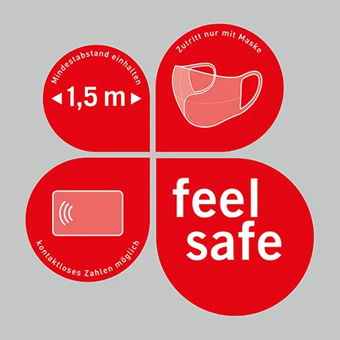 Vierteiliger Schaufensteraufkleber 38x38,5cm, rot – Verhaltensregeln »feel safe«