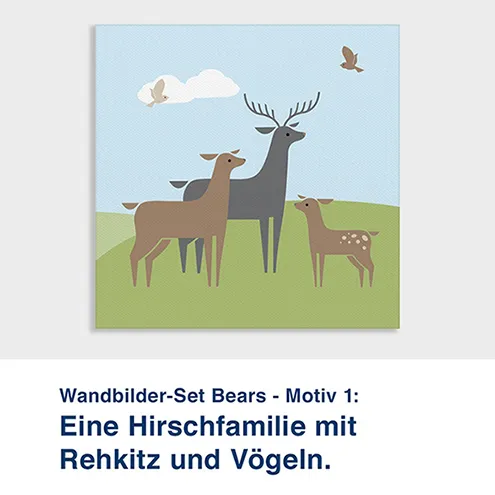 Wandbilder-Set Bears - Motiv 1:  Eine Hirschfamilie mit  Rehkitz und Vögeln.