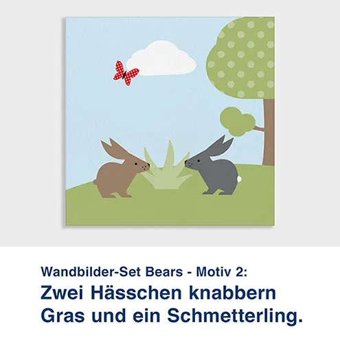 Wandbilder-Set Bears - Motiv 2:  Zwei Hässchen knabbern Gras und ein Schmetterling.