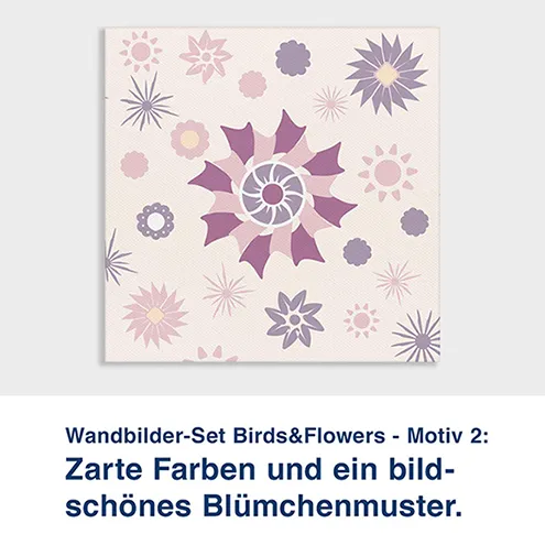 Wandbilder-Set Birds&Flowers - Motiv 2:  Zarte Farben und ein bild- schönes Blümchenmuster.