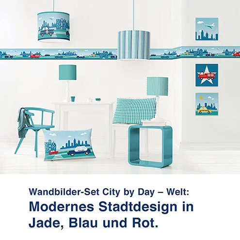 Wandbilder-Set City by Day – Welt:  Modernes Stadtdesign in  Jade, Blau und Rot.