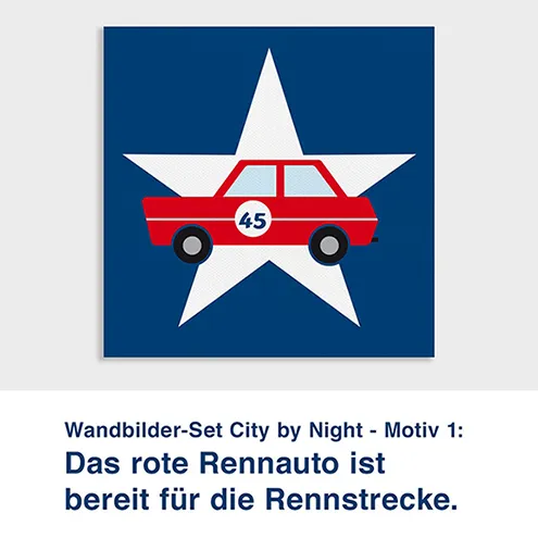 Wandbilder-Set City by Night - Motiv 1:  Das rote Rennauto ist  bereit für die Rennstrecke.