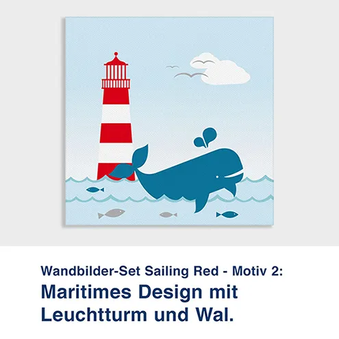 Wandbilder-Set Sailing Red - Motiv 2:  Maritimes Design mit  Leuchtturm und Wal.