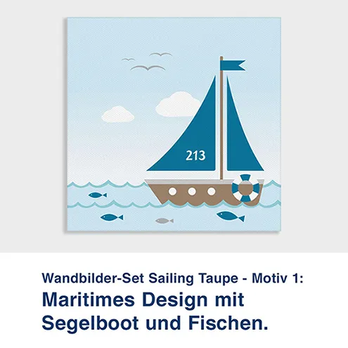 Wandbilder-Set Sailing Taupe - Motiv 1:  Maritimes Design mit  Segelboot und Fischen.