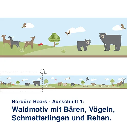 Bordüre Bears - Ausschnitt 1:   Waldmotiv mit Bären, Vögeln, Schmetterlingen und Rehen. den Bären viel zu entdecken. 