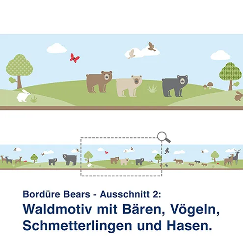 Bordüre Bears - Ausschnitt 2:   Waldmotiv mit Bären, Vögeln, Schmetterlingen und Hasen.