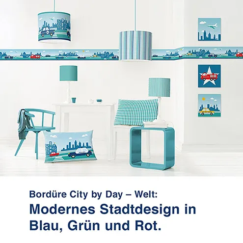 Bordüre City by Day – Welt:  Modernes Stadtdesign in  Blau, Grün und Rot.