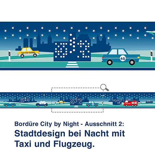 Bordüre City by Night - Ausschnitt 2:   Stadtdesign bei Nacht mit Taxi und Flugzeug.