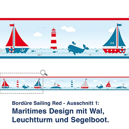 Bordüre Sailing Red - Ausschnitt 1:   Maritimes Design mit Wal,  Leuchtturm und Segelboot.