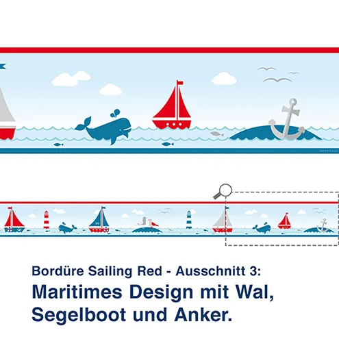 Bordüre Sailing Red - Ausschnitt 3:   Maritimes Design mit Wal, Segelboot und Anker.