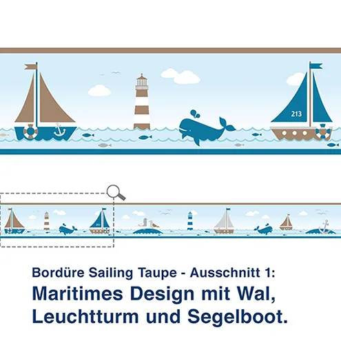 Bordüre Sailing Taupe - Ausschnitt 1:   Maritimes Design mit Wal,  Leuchtturm und Segelboot.