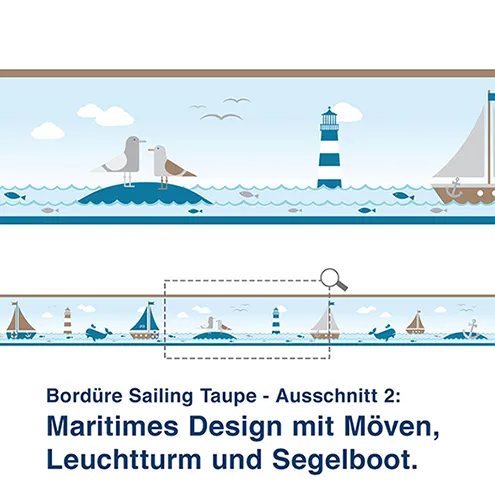Bordüre Sailing Taupe - Ausschnitt 2:   Maritimes Design mit Möven, Leuchtturm und Segelboot.