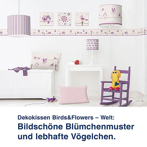 Dekokissen Birds&Flowers – Welt:  Bildschöne Blümchenmuster  und lebhafte Vögelchen.