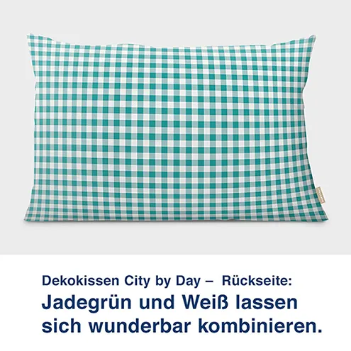 Dekokissen City by Day –  Rückseite:  Jadegrün und Weiß lassen  sich wunderbar kombinieren.
