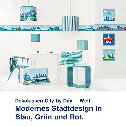Dekokissen City by Day –  Welt:  Modernes Stadtdesign in  Blau, Grün und Rot.