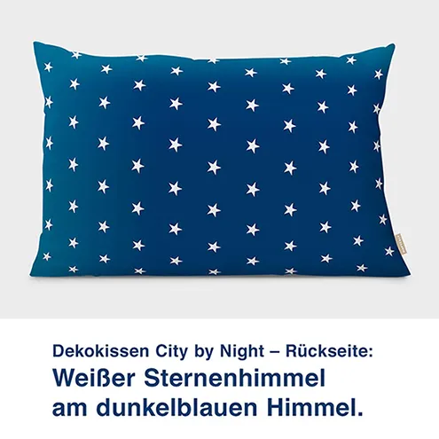 Dekokissen City by Night – Rückseite:  Weißer Sternenhimmel  am dunkelblauen Himmel.