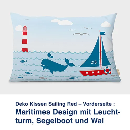Kissen-Vorderseite, maritimes Design mit Leuchtturm, Sailing Red 60 x40 cm