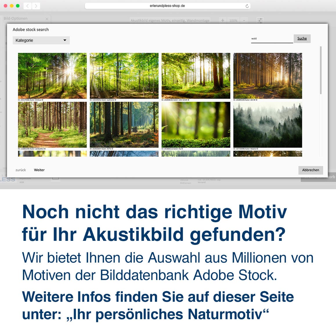 Noch nicht das richtige Motiv  für Ihr Akustikbild gefunden? Wir bietet Ihnen die Auswahl aus Millionen von Motiven der Bilddatenbank Adobe Stock. 