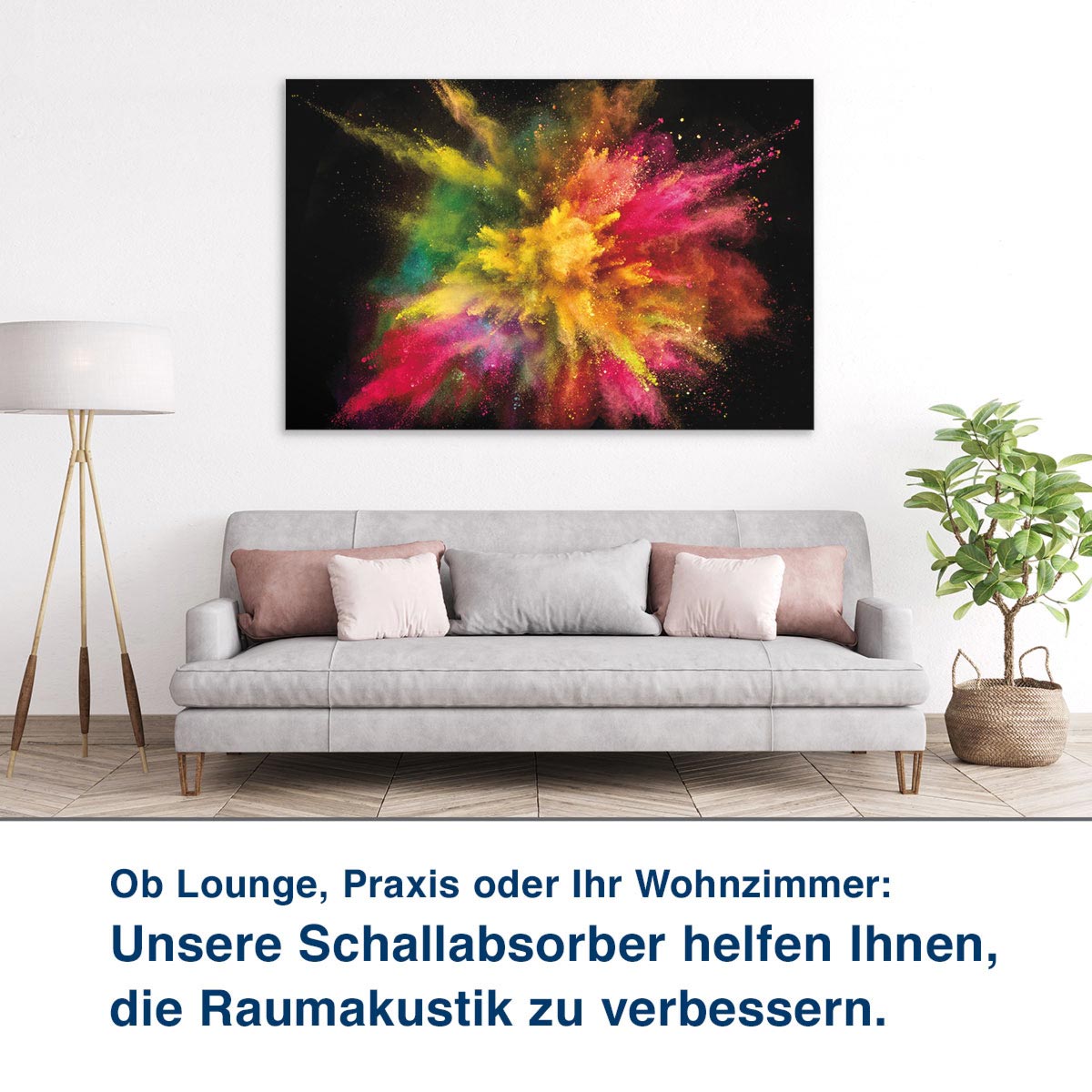 Ob Lounge, Praxis oder Ihr Wohnzimmer:  Unsere Schallabsorber helfen Ihnen,  die Raumakustik zu verbessern.