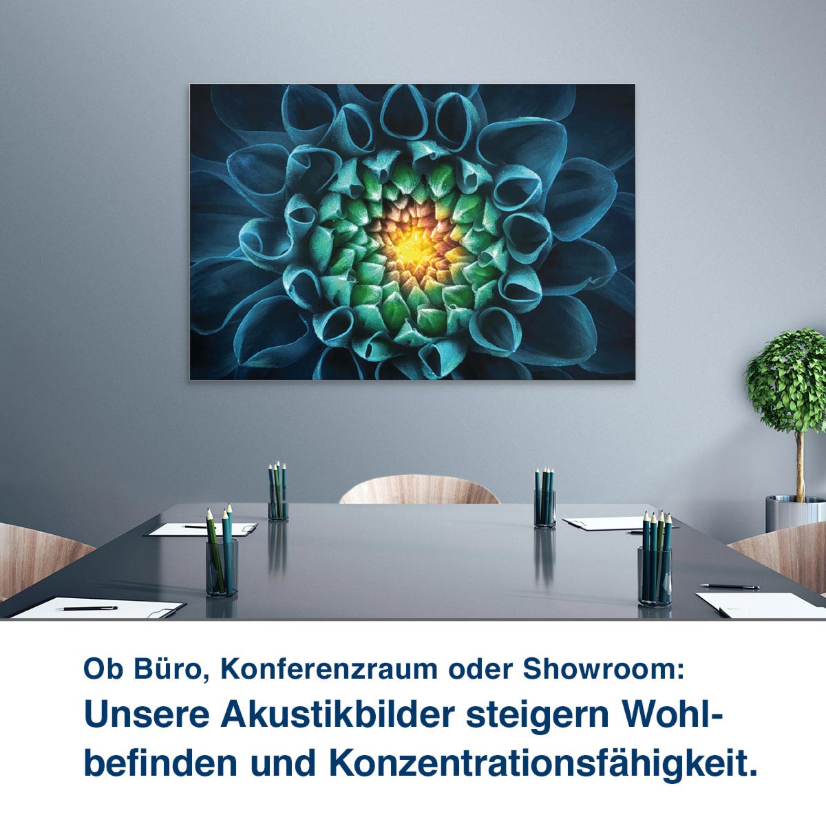 Ob Büro, Konferenzraum oder Showroom:  Unsere Akustikbilder steigern Wohl- befinden und Konzentrationsfähigkeit.