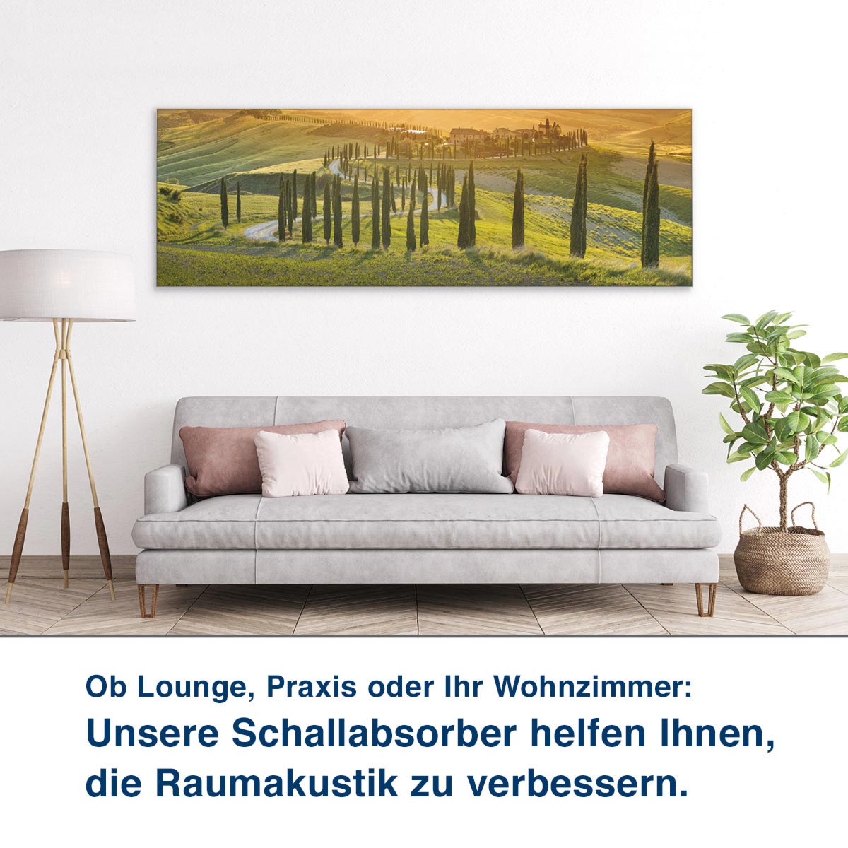Ob Lounge, Praxis oder Ihr Wohnzimmer:  Unsere Schallabsorber helfen Ihnen,  die Raumakustik zu verbessern.
