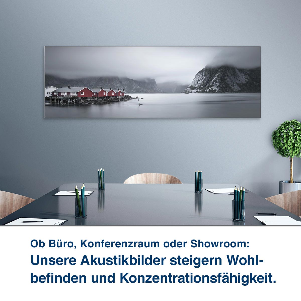 Ob Büro, Konferenzraum oder Showroom:  Unsere Akustikbilder steigern Wohl- befinden und Konzentrationsfähigkeit.