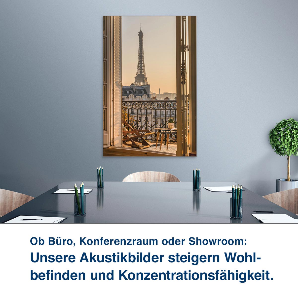 Ob Büro, Konferenzraum oder Showroom:  Unsere Akustikbilder steigern Wohl- befinden und Konzentrationsfähigkeit.