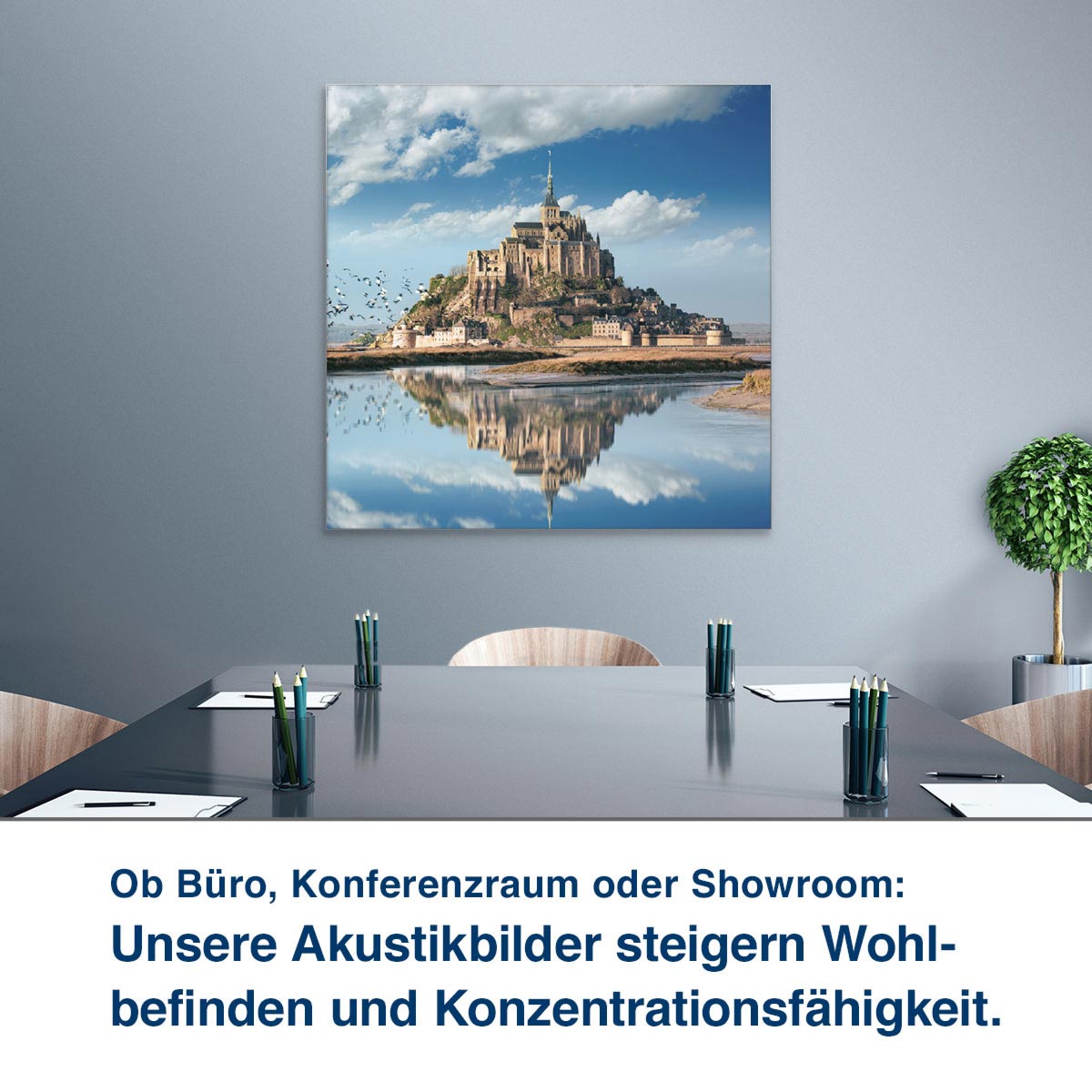 Ob Büro, Konferenzraum oder Showroom:  Unsere Akustikbilder steigern Wohl- befinden und Konzentrationsfähigkeit.