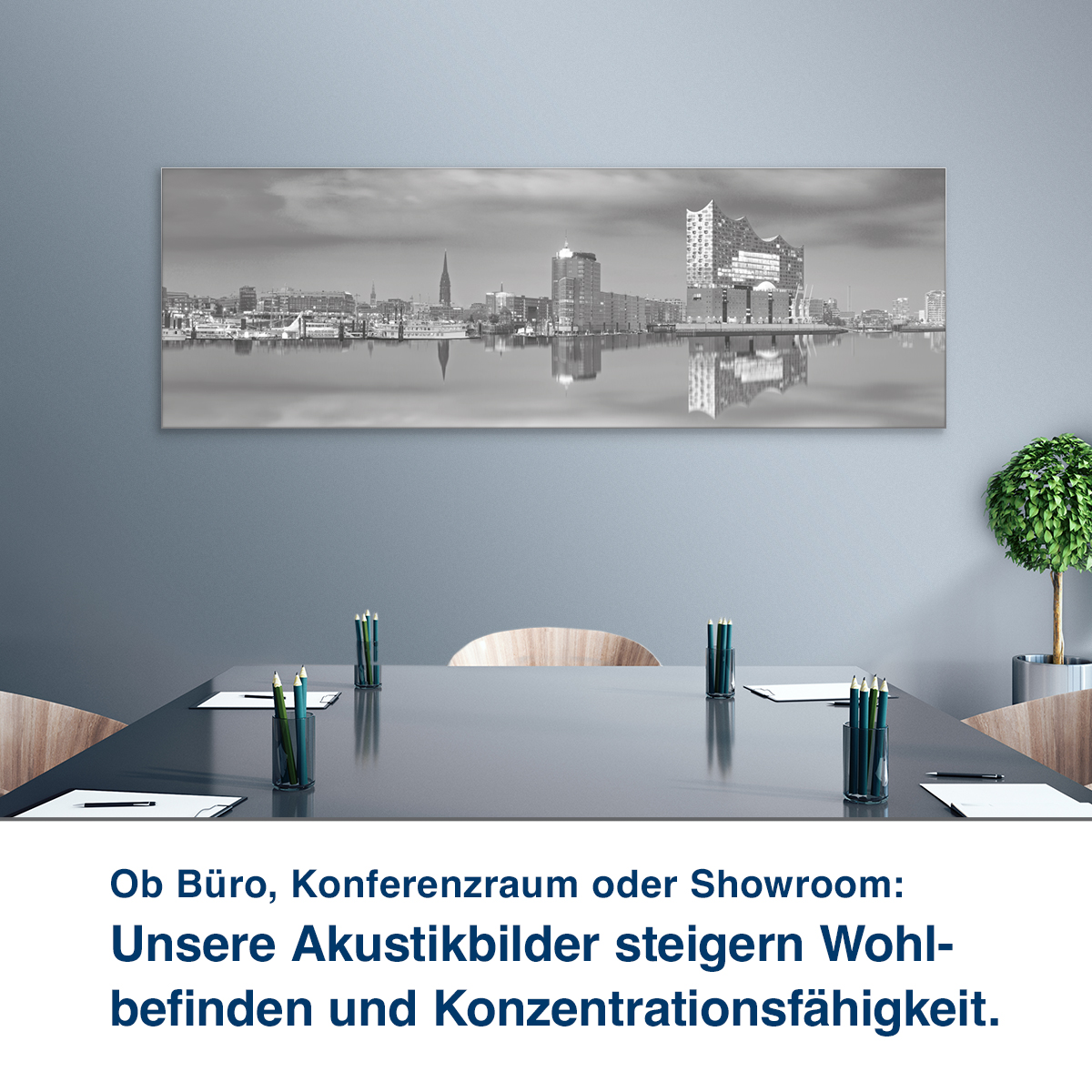 Ob Büro, Konferenzraum oder Showroom:  Unsere Akustikbilder steigern Wohl- befinden und Konzentrationsfähigkeit.