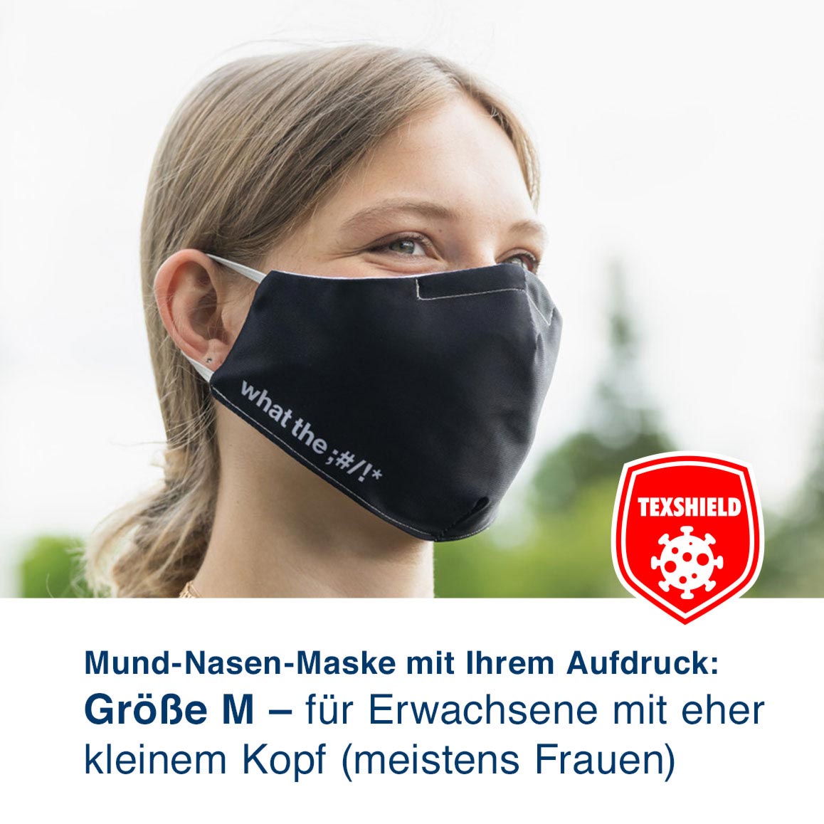 Mund-Nasen-Maske M „MyDesign“ mit Ihrem Aufdruck und antiviraler Beschichtung