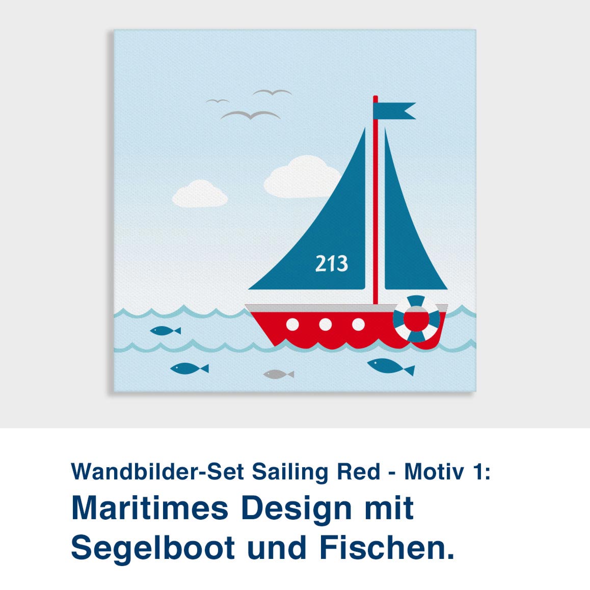 Wandbilder-Set Sailing Red - Motiv 1:  Maritimes Design mit  Segelboot und Fischen.