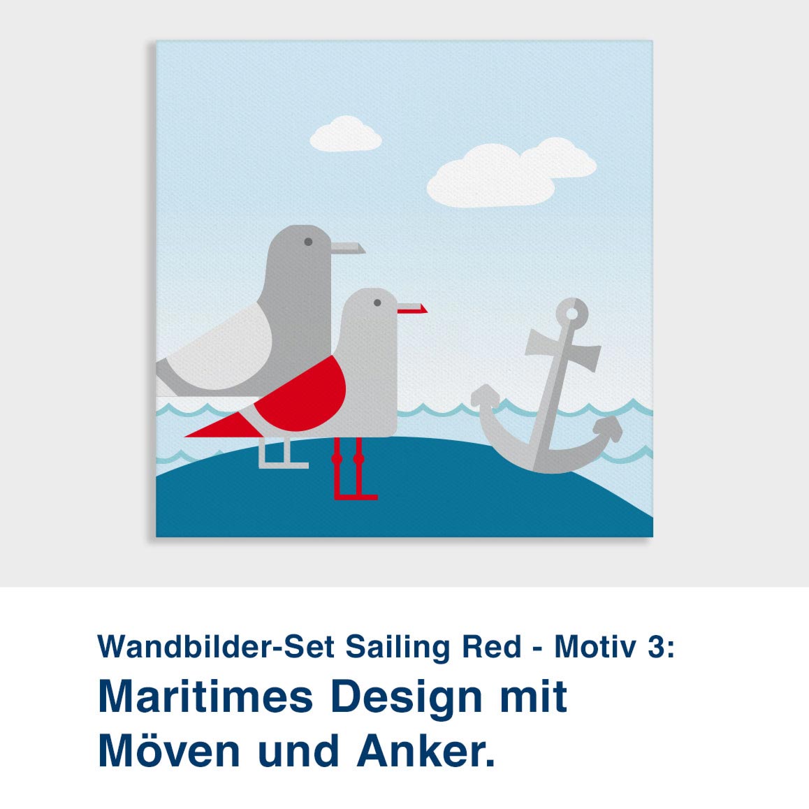 Wandbilder-Set Sailing Red - Motiv 3:  Maritimes Design mit  Möven und Anker.