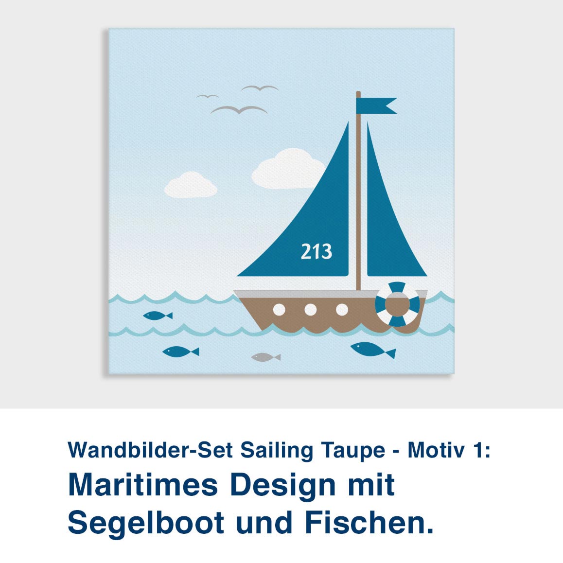 Wandbilder-Set Sailing Taupe - Motiv 1:  Maritimes Design mit  Segelboot und Fischen.