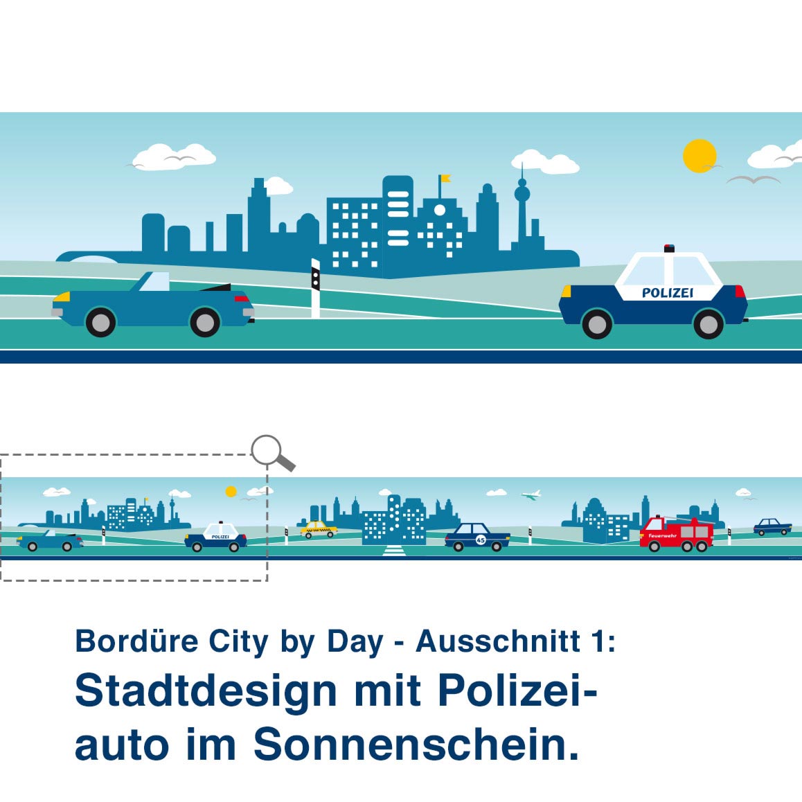 Bordüre City by Day - Ausschnitt 1:   Stadtdesign mit Polizei- auto im Sonnenschein.