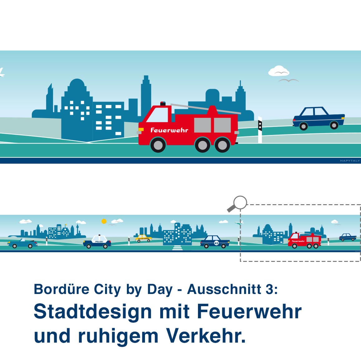 Bordüre City by Day - Ausschnitt 3:   Stadtdesign mit Feuerwehr  und ruhigem Verkehr.