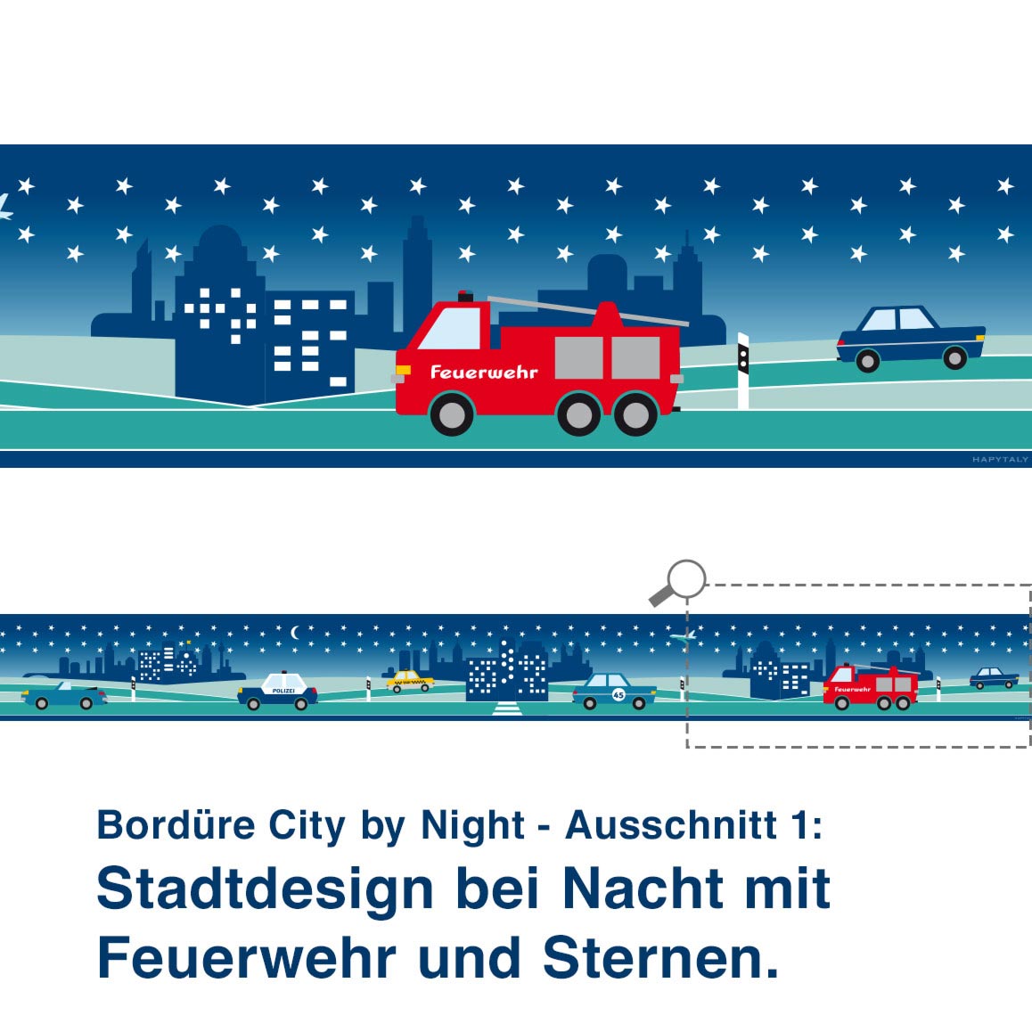 Bordüre City by Night - Ausschnitt 1:   Stadtdesign bei Nacht mit Feuerwehr und Sternen.
