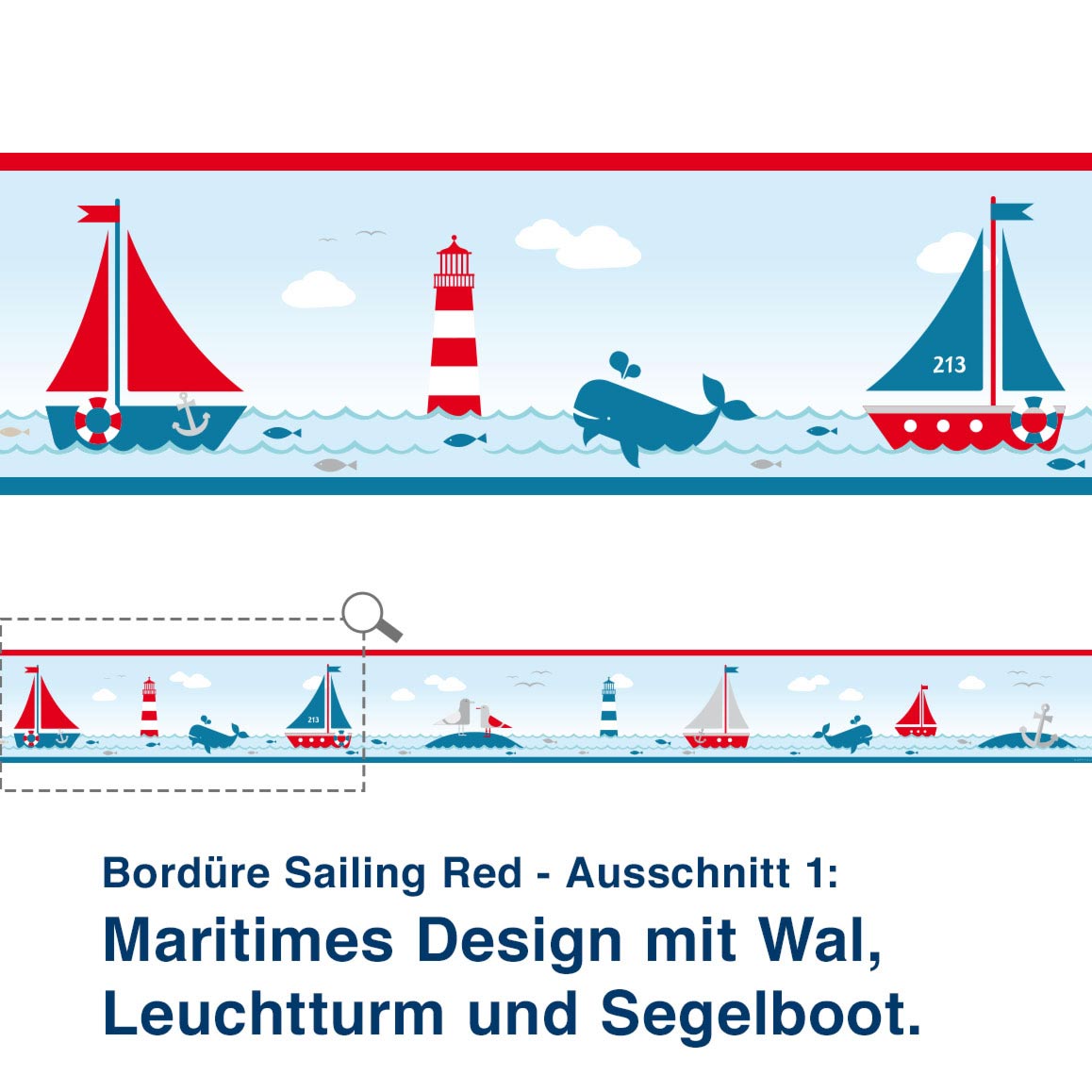 Bordüre Sailing Red - Ausschnitt 1:   Maritimes Design mit Wal,  Leuchtturm und Segelboot.