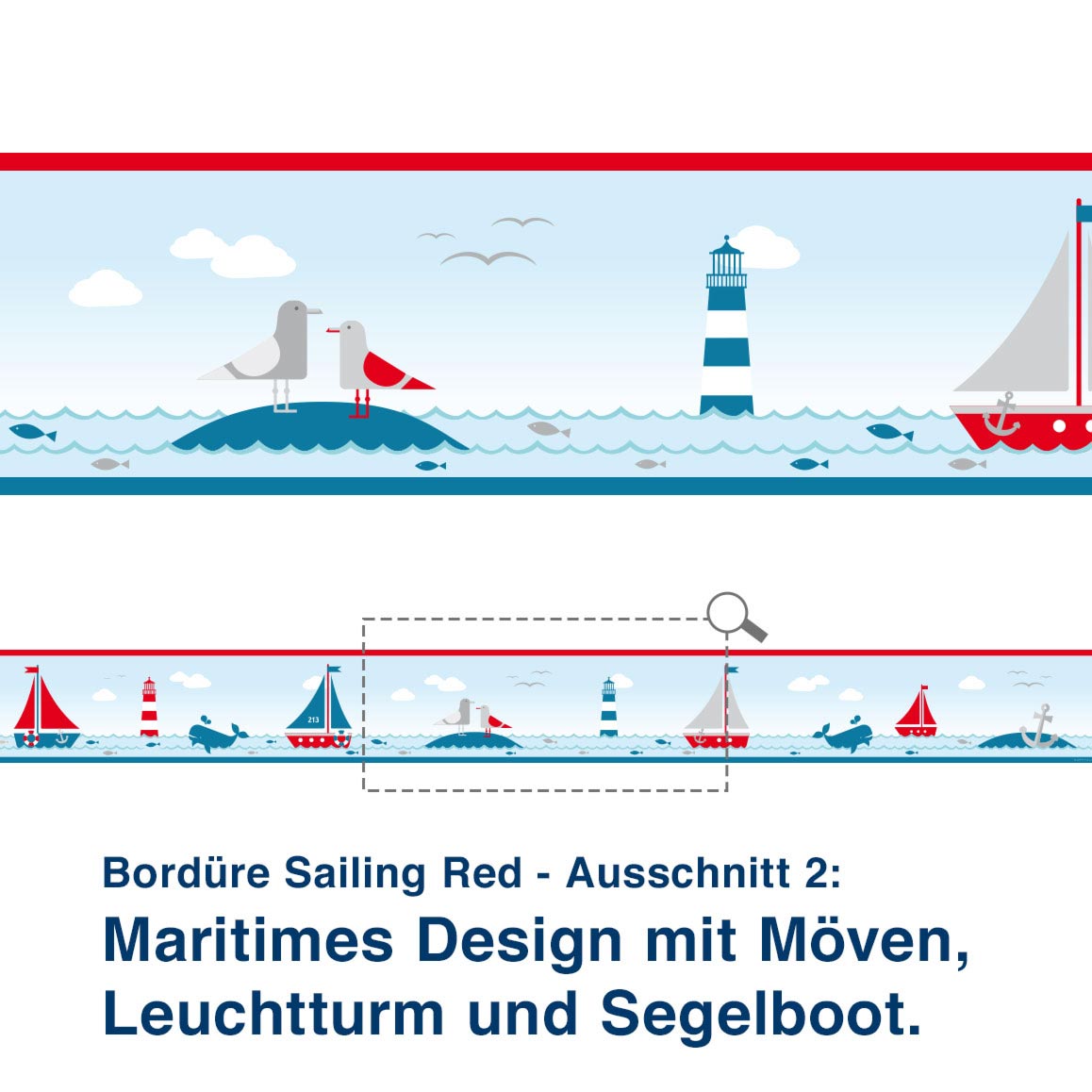 Bordüre Sailing Red - Ausschnitt 2:   Maritimes Design mit Möven, Leuchtturm und Segelboot.