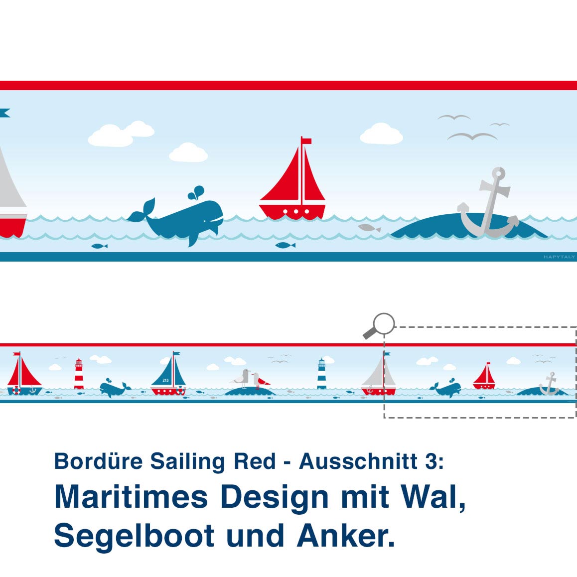 Bordüre Sailing Red - Ausschnitt 3:   Maritimes Design mit Wal, Segelboot und Anker.
