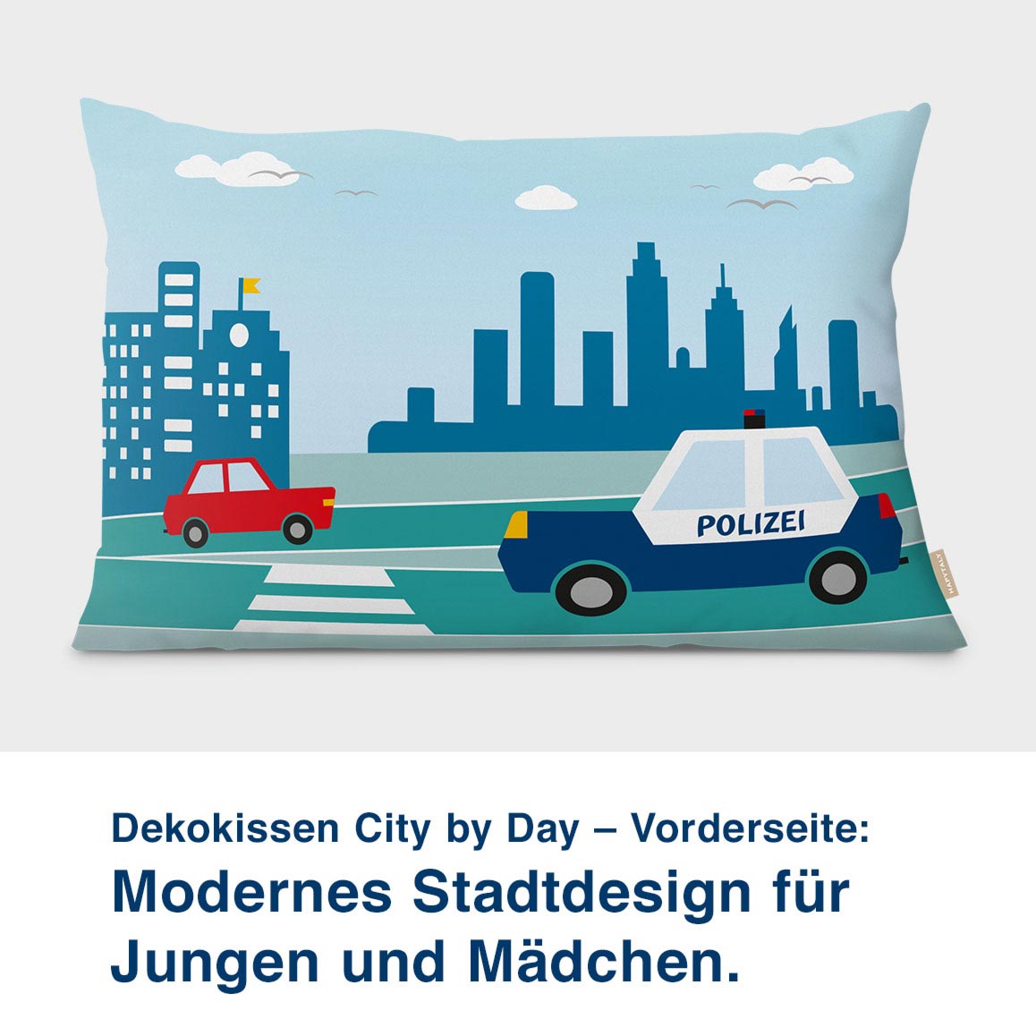 Dekokissen City by Day – Vorderseite:  Modernes Stadtdesign für  Jungen und Mädchen.