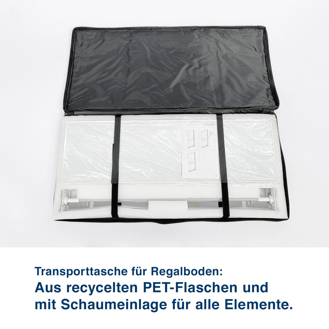 Transporttasche für Regalboden:  Aus recycelten PET-Flaschen und  mit Schaumeinlage für alle Elemente.