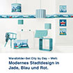 Wandbilder-Set City by Day – Welt:  Modernes Stadtdesign in  Jade, Blau und Rot.