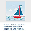 Wandbilder-Set Sailing Red - Motiv 1:  Maritimes Design mit  Segelboot und Fischen.