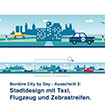 Bordüre City by Day - Ausschnitt 2:   Stadtdesign mit Taxi, Flugzeug und Zebrastreifen.
