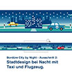 Bordüre City by Night - Ausschnitt 2:   Stadtdesign bei Nacht mit Taxi und Flugzeug.