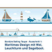 Bordüre Sailing Taupe - Ausschnitt 1:   Maritimes Design mit Wal,  Leuchtturm und Segelboot.