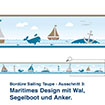Bordüre Sailing Taupe - Ausschnitt 3:   Maritimes Design mit Wal, Segelboot und Anker.