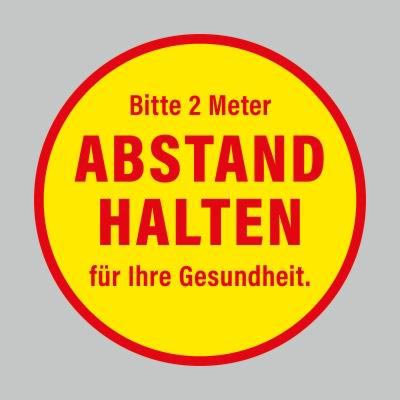 Fußbodenaufkleber, rot-gelb, Ø 48cm – 2 Meter Abstand halten